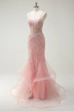 Ndyad Peach Spaghetti Straps Mermaid Beaded Tulle Long Prom Dresses Formal Evening Gowns HZ1024