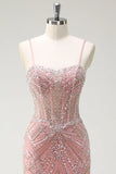 Ndyad Peach Spaghetti Straps Mermaid Beaded Tulle Long Prom Dresses Formal Evening Gowns HZ1024