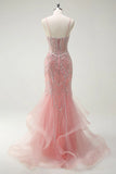 Ndyad Peach Spaghetti Straps Mermaid Beaded Tulle Long Prom Dresses Formal Evening Gowns HZ1024