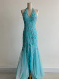 Ndyad Mermaid Blue Tulle Prom Dresses Halter Gorgeous Beaded Backless Evening Gowns HZ1024
