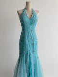 Ndyad Mermaid Blue Tulle Prom Dresses Halter Gorgeous Beaded Backless Evening Gowns HZ1024