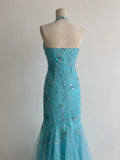 Ndyad Mermaid Blue Tulle Prom Dresses Halter Gorgeous Beaded Backless Evening Gowns HZ1024