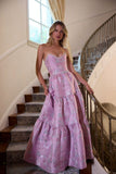 Ndyad Pink Strapless A-Line Jacquard Satin Prom Dresses Formal Evening Gowns HZ1024