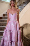 Ndyad Pink Strapless A-Line Jacquard Satin Prom Dresses Formal Evening Gowns HZ1024