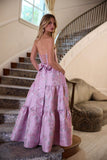 Ndyad Pink Strapless A-Line Jacquard Satin Prom Dresses Formal Evening Gowns HZ1024