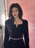 Ndyad Hepburn style retro velvet square collar black long skirt HZ1024