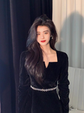 Ndyad Hepburn style retro velvet square collar black long skirt HZ1024