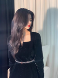 Ndyad Hepburn style retro velvet square collar black long skirt HZ1024