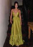 Ndyad Chartreuse Party Dress with Spaghetti Straps A-Line Satin Formal Evening Gowns HZ1024