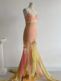 Ndyad Pink Yellow Tulle Mermaid Spaghetti Straps Beaded Long Prom Dresses Vintage Formal Evening Gowns HZ1024