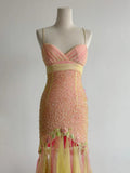 Ndyad Pink Yellow Tulle Mermaid Spaghetti Straps Beaded Long Prom Dresses Vintage Formal Evening Gowns HZ1024