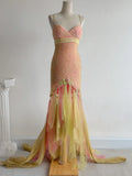 Ndyad Pink Yellow Tulle Mermaid Spaghetti Straps Beaded Long Prom Dresses Vintage Formal Evening Gowns HZ1024