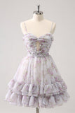 Ndyad Printed Chiffon A-Line Spaghetti Strap Party Dress Short Homecoming Dress HZ1024