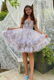 Ndyad Printed Chiffon A-Line Spaghetti Strap Party Dress Short Homecoming Dress HZ1024