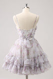 Ndyad Printed Chiffon A-Line Spaghetti Strap Party Dress Short Homecoming Dress HZ1024