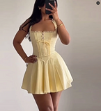 Ndyad Butter Yellow A-Line Spaghetti Straps Satin Short Birthday Party Dress Homecoming Dress HZ1024