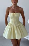Ndyad Butter Yellow Satin Lace Strapless A-Line Short Prom Dresses Homecoming Dresses HZ1024