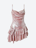 Ndyad Dusty Pink Chiffon Satin A-Line Spaghetti Straps Short Party Dress Homecoming Dress HZ1024