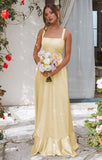 Ndyad Butter Yellow A-Line Long Prom Dresses Straps Satin Bridesmaid Dresses HZ1024