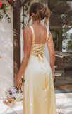 Ndyad Butter Yellow A-Line Long Prom Dresses Straps Satin Bridesmaid Dresses HZ1024