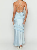 Ndyad Sky Blue Sheath Spaghetti Straps Satin Ruffles Long Prom Dresses Backless Party Dress HZ1024