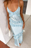 Ndyad Sky Blue Sheath Spaghetti Straps Satin Ruffles Long Prom Dresses Backless Party Dress HZ1024