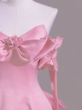 Ndyad Pink A-Line Off Shoulder Satin Train Wedding Dress Formal Evening Gowns HZ1024