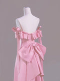 Ndyad Pink A-Line Off Shoulder Satin Train Wedding Dress Formal Evening Gowns HZ1024