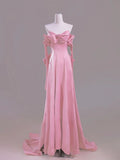 Ndyad Pink A-Line Off Shoulder Satin Train Wedding Dress Formal Evening Gowns HZ1024