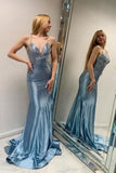 Ndyad Grey Blue V Neck Mermaid Glitter Backless Satin Long Prom Dresses Formal Evening Gowns HZ1024