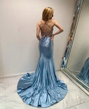 Ndyad Grey Blue V Neck Mermaid Glitter Backless Satin Long Prom Dresses Formal Evening Gowns HZ1024