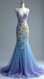 Ndyad Ombre Purple Mermaid V Neck Tulle Applique Long Prom Dresses Stunning Evening Dress HZ1024