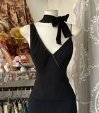 Ndyad Black V-neck Chiffon Short Prom Dresses Simple Party Dresses HZ1024