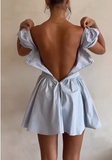 Ndyad Sky Blue Square Neck Satin Corset A-Line Party Dresses Short Prom Dresses HZ1024