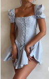 Ndyad Sky Blue Square Neck Satin Corset A-Line Party Dresses Short Prom Dresses HZ1024