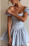 Ndyad Sky Blue Square Neck Satin Corset A-Line Party Dresses Short Prom Dresses HZ1024