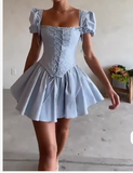 Ndyad Sky Blue Square Neck Satin Corset A-Line Party Dresses Short Prom Dresses HZ1024