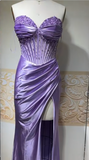 Ndyad Lilac Sweetheart Neck Mermaid Satin Beading Long Prom Dresses Formal Evening Gowns HZ1024