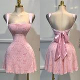 Ndyad Pink A-Line Square Neck Homecoming Dress Chiffon Embroidered Bow Open Back Short Prom Dresses HZ1024