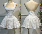 Ndyad White A-Line Halter Homecoming Dress Jacquard Satin Open Back Short Prom Dresses HZ1024