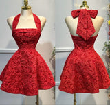 Ndyad Red A-Line Halter Neck Homecoming Dress Jacquard Satin Open Back Short Prom HZ1024