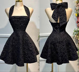 Ndyad Red A-Line Halter Neck Homecoming Dress Jacquard Satin Open Back Short Prom HZ1024