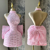 Ndyad Pink A-Line Halter Neck Homecoming Dress Chiffon Applique Open Back Short Prom Dresses HZ1024