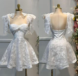 Ndyad White A-Line Sweetheart Neck Homecoming Dress Tulle Lace Appliques Open Back Short Prom Dresses HZ1024