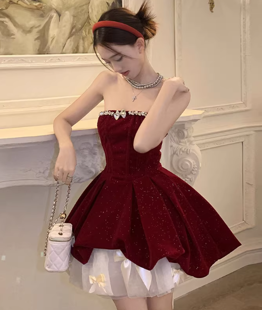 Ndyad Red Velvet A-Line Strapless Homecoming Dress Tulle Two-Piece Short Prom Dresses with Bow HZ1024