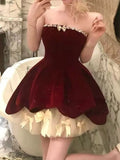 Ndyad Red Velvet A-Line Strapless Homecoming Dress Tulle Two-Piece Short Prom Dresses with Bow HZ1024