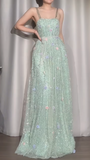 Ndyad Mint Green Straps A-Line Chiffon Beaded Long Prom Dresses with Appliques Sweet Birthday Evening Gowns HZ1024