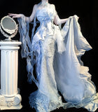 Ndyad Grey Blue Mermaid Tulle Halter Embroidery Applique Long Prom Dresses HZ1024