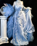 Ndyad Grey Blue Mermaid Tulle Halter Embroidery Applique Long Prom Dresses HZ1024