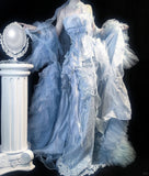 Ndyad Grey Blue Mermaid Tulle Halter Embroidery Applique Long Prom Dresses HZ1024